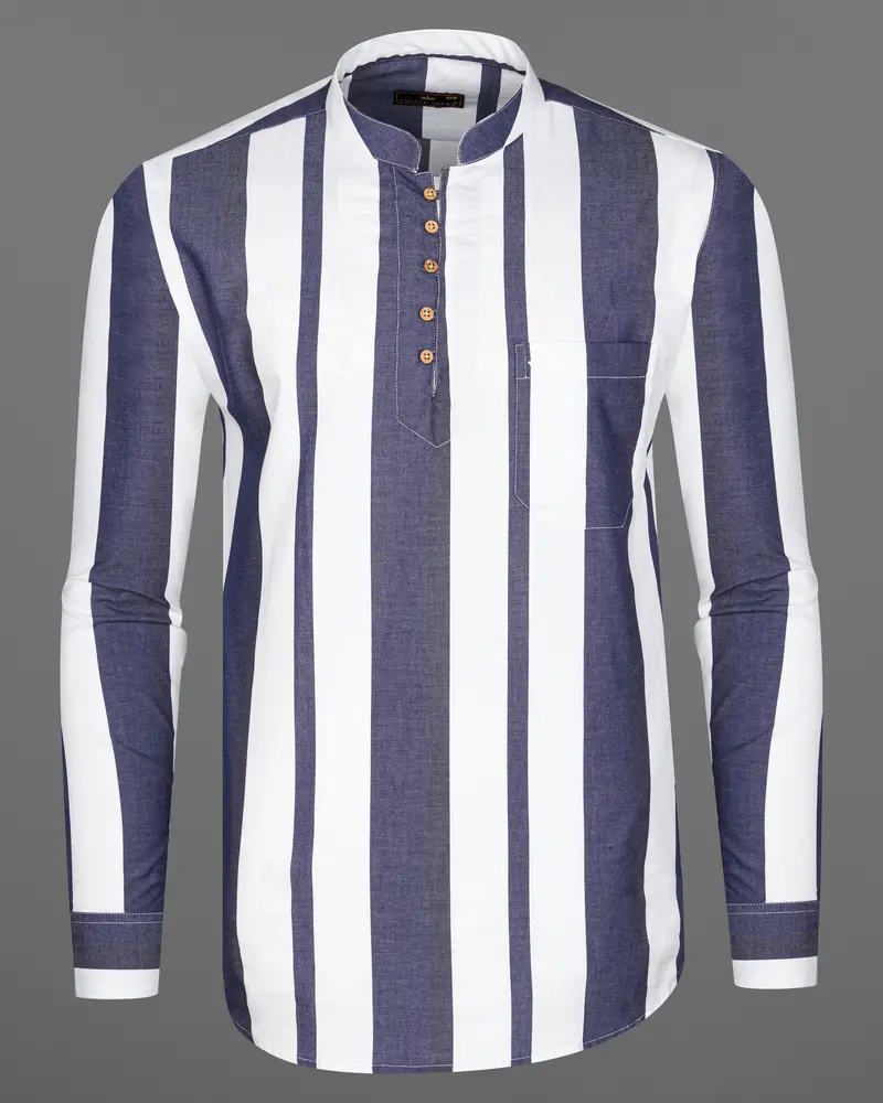 Bright White With Vampire Blue Striped Royal Oxford Kurta Shirt 6