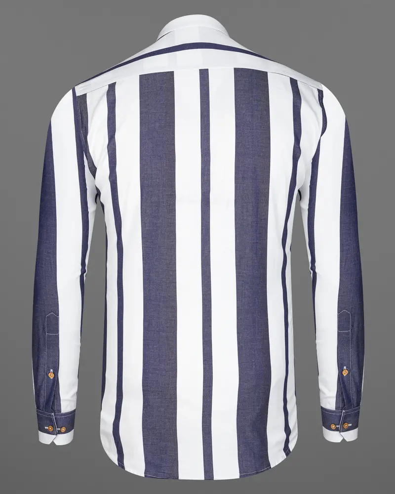 Bright White With Vampire Blue Striped Royal Oxford Kurta Shirt 7