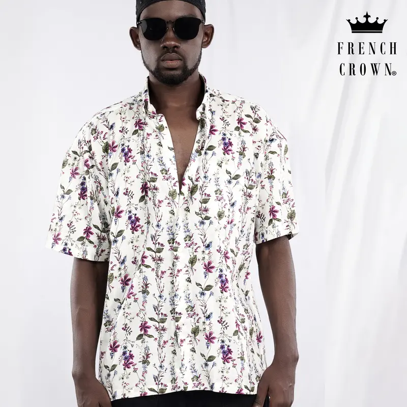 Bright White With Viola Pink And Shadow Green Ditsy Printed Lightweight Oversized Premium Cotton Shirt 1