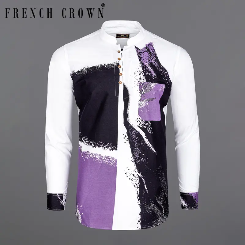 Bright White With Viola Purple And Black Printed Premium Cotton Kurta Shirt 1