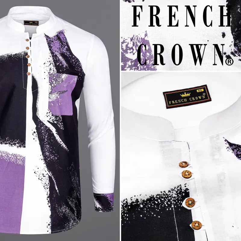 Bright White With Viola Purple And Black Printed Premium Cotton Kurta Shirt 12