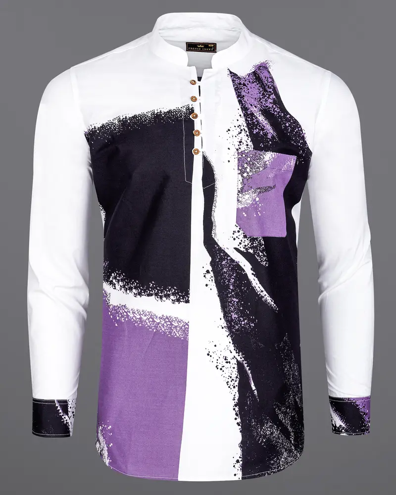 Bright White With Viola Purple And Black Printed Premium Cotton Kurta Shirt 2