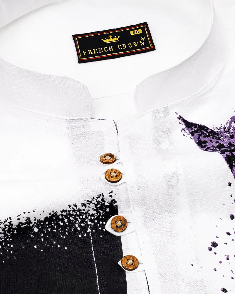 Bright White With Viola Purple And Black Printed Premium Cotton Kurta Shirt 4