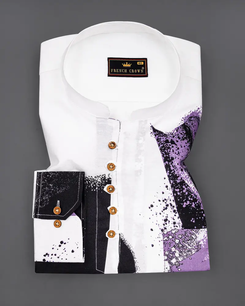 Bright White With Viola Purple And Black Printed Premium Cotton Kurta Shirt 5