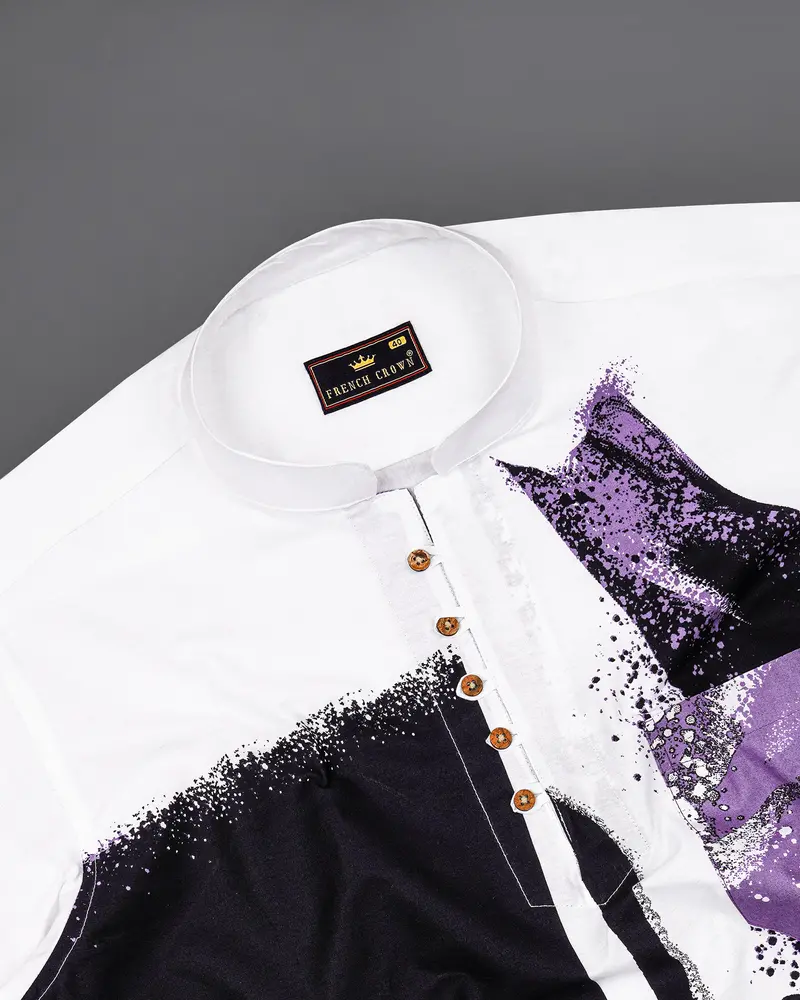 Bright White With Viola Purple And Black Printed Premium Cotton Kurta Shirt 6