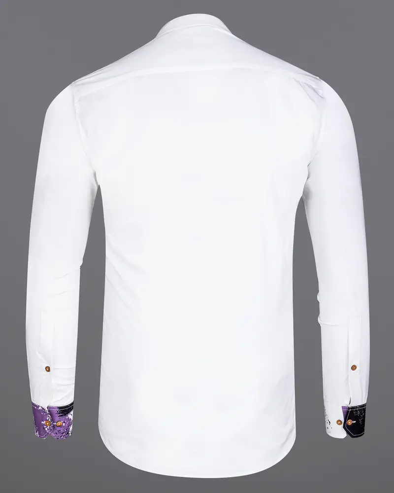 Bright White With Viola Purple And Black Printed Premium Cotton Kurta Shirt 7