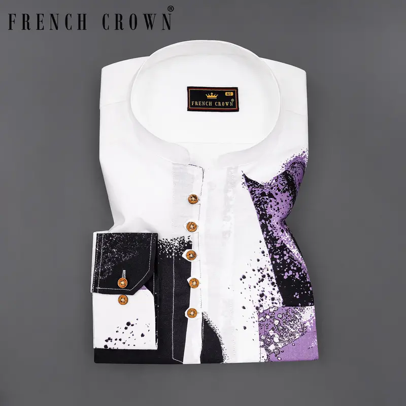 Bright White With Viola Purple And Black Printed Premium Cotton Kurta Shirt 8