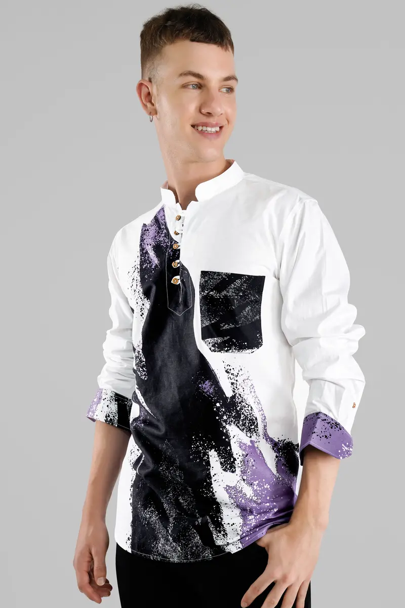 Bright White With Viola Purple And Black Printed Premium Cotton Kurta Shirt 9