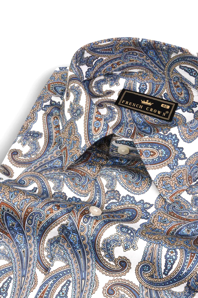 Bright White With Wild Blue And Almond Pink Paisleys Printed Super Soft Premium Cotton Shirt 1