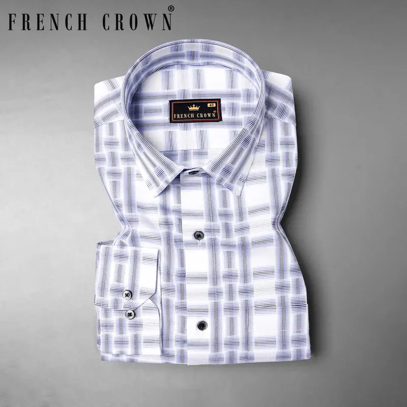 Bright White With Wistful Blue Dobby Textured Premium Giza Cotton Shirt 10