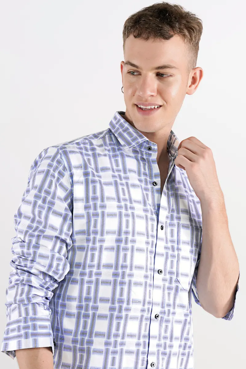 Bright White With Wistful Blue Dobby Textured Premium Giza Cotton Shirt 7