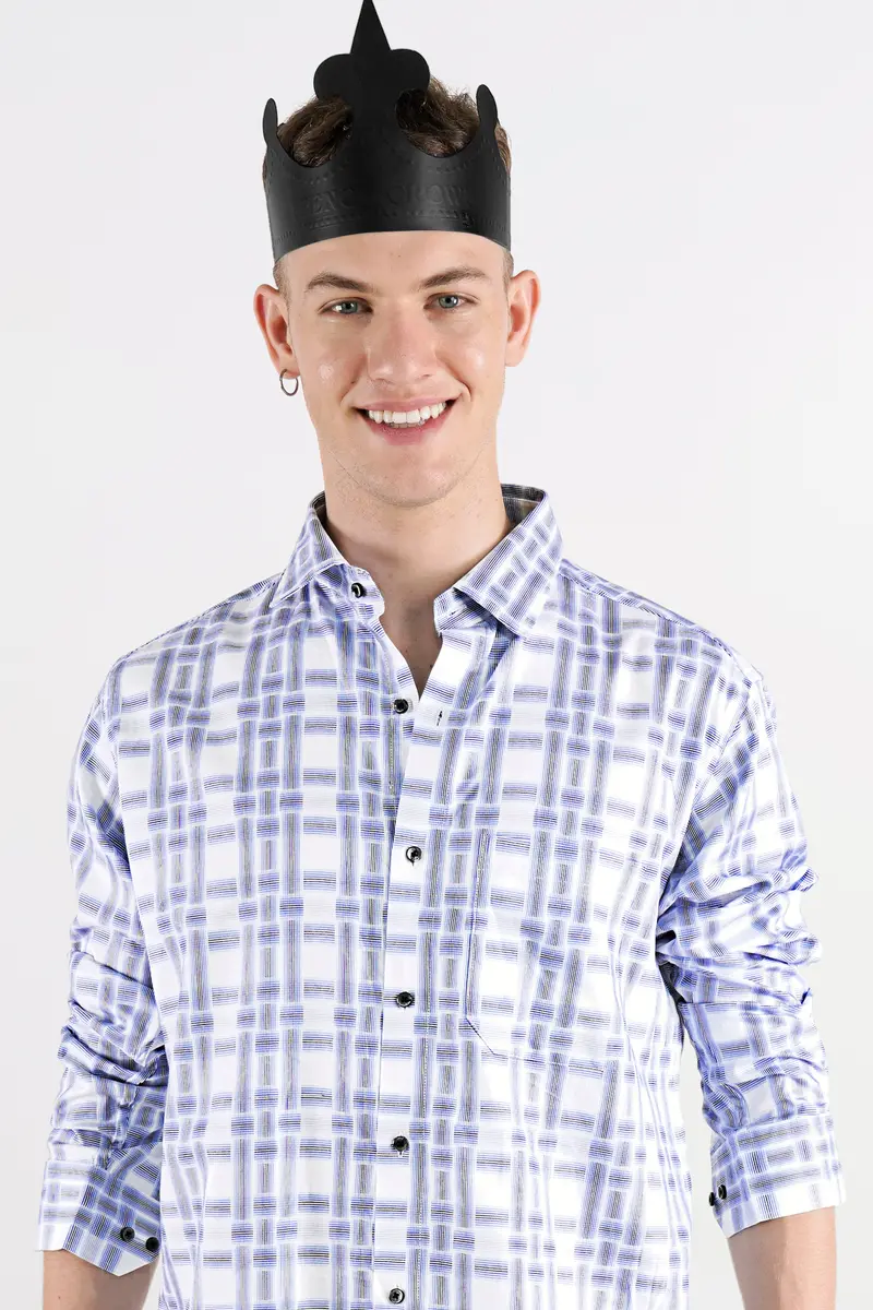 Bright White With Wistful Blue Dobby Textured Premium Giza Cotton Shirt 8