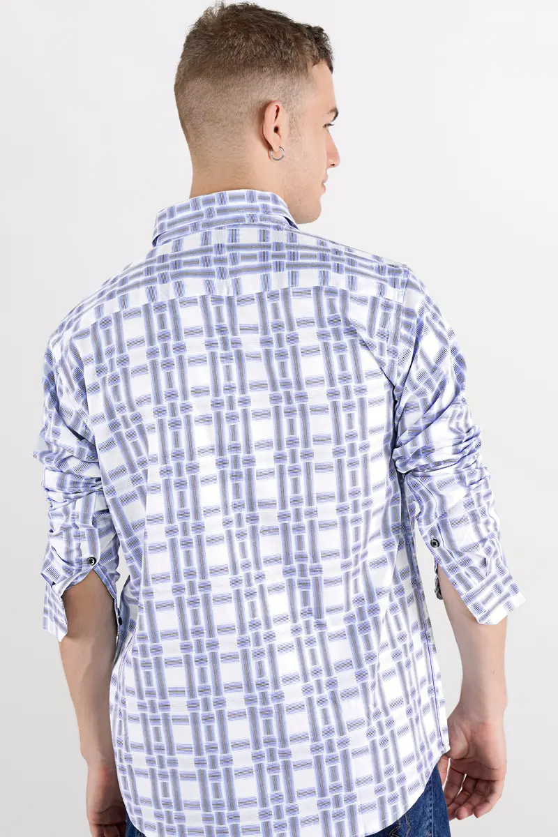 Bright White With Wistful Blue Dobby Textured Premium Giza Cotton Shirt 9