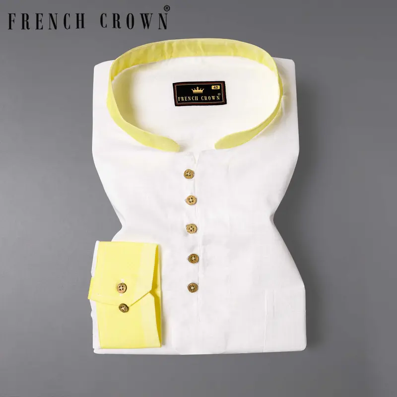 Bright White With Yellow Cuff Collar Luxurious Linen Kurta Shirt 1