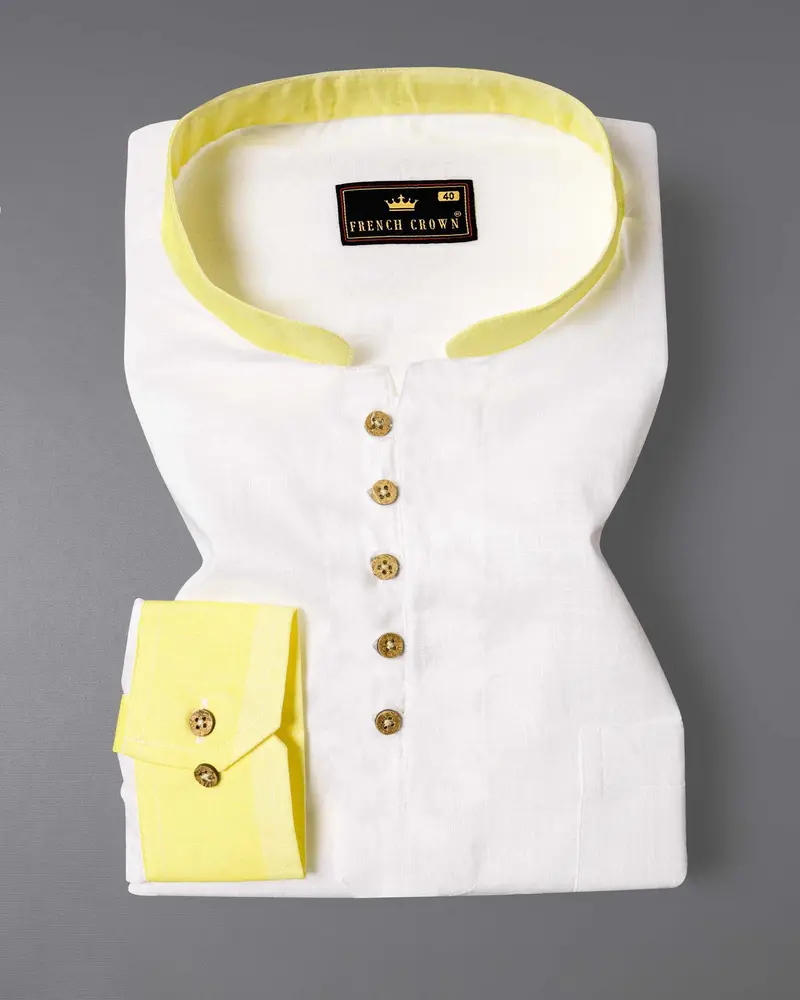 Bright White With Yellow Cuff Collar Luxurious Linen Kurta Shirt 2