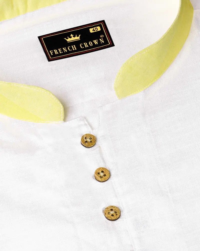 Bright White With Yellow Cuff Collar Luxurious Linen Kurta Shirt 4