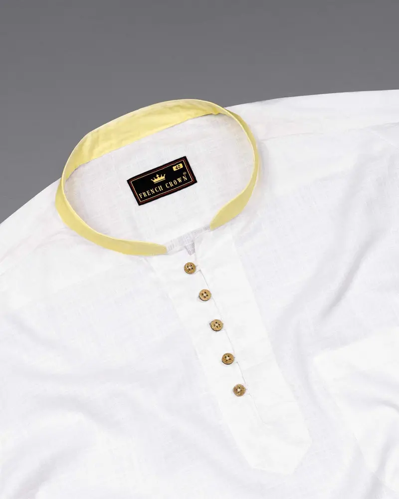 Bright White With Yellow Cuff Collar Luxurious Linen Kurta Shirt 5