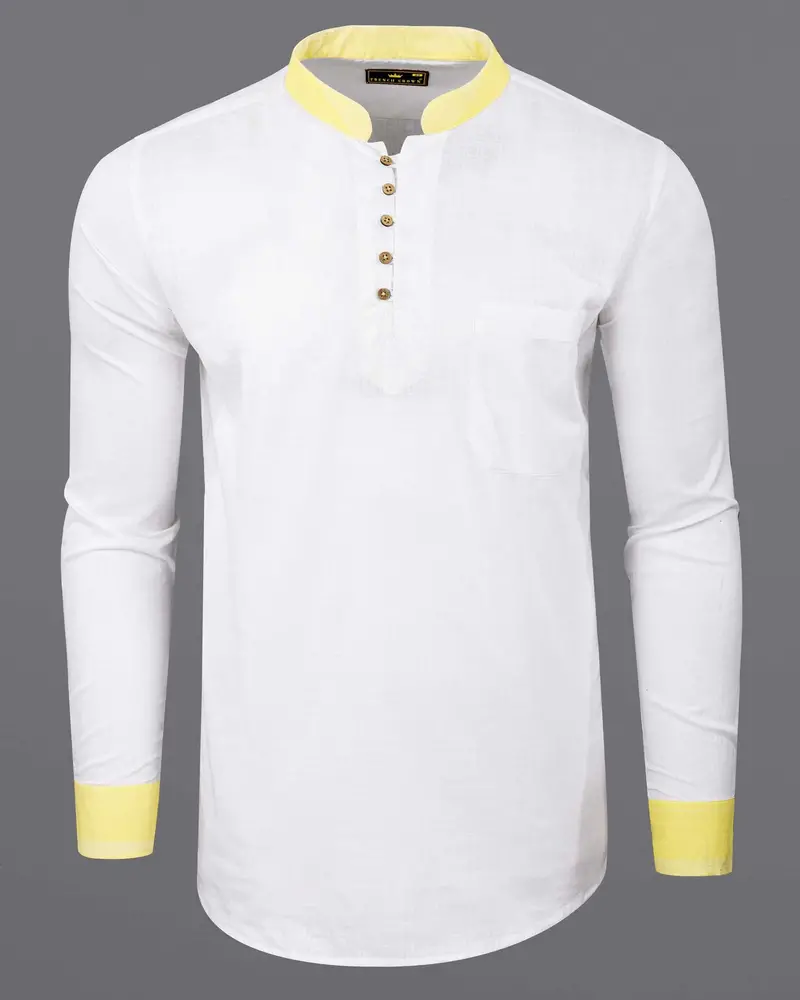 Bright White With Yellow Cuff Collar Luxurious Linen Kurta Shirt 6