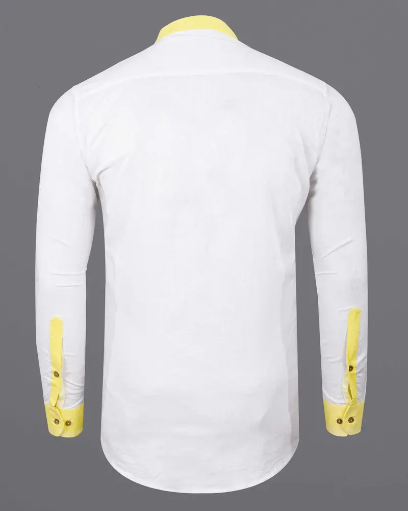Bright White With Yellow Cuff Collar Luxurious Linen Kurta Shirt 7