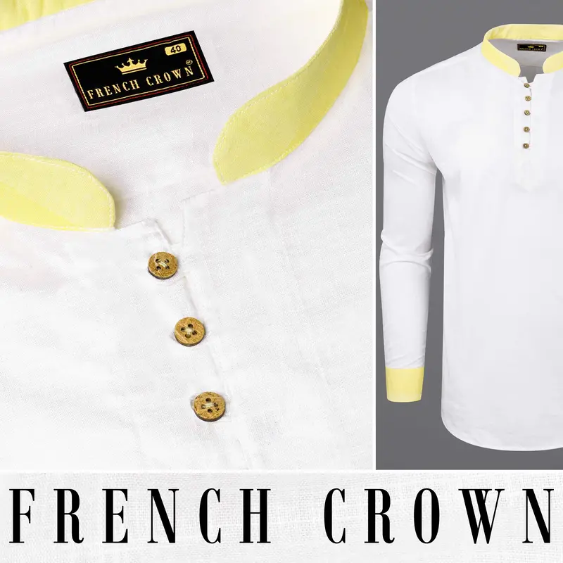 Bright White With Yellow Cuff Collar Luxurious Linen Kurta Shirt 8