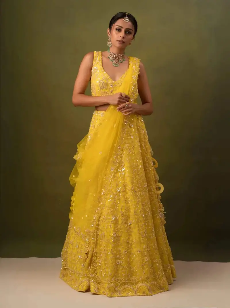Bright Yellow Floral Sleeveless Bridal Lehenga With Sequins Beads 1