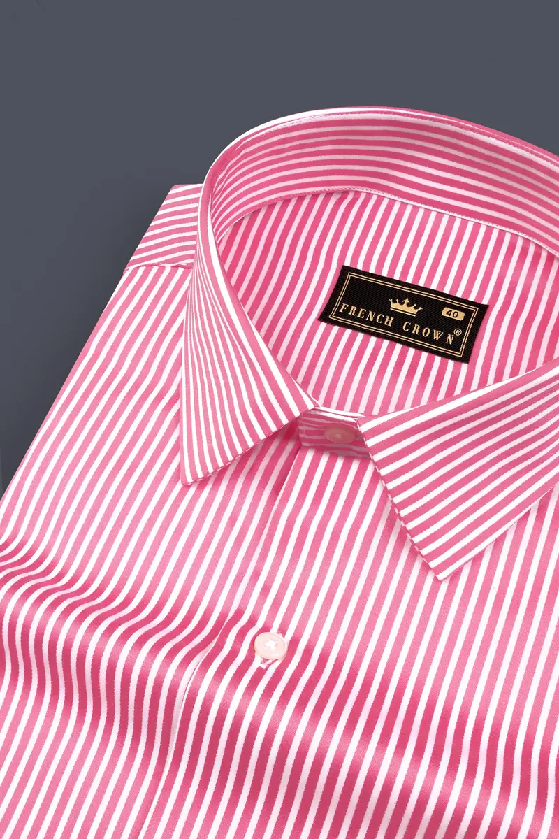 Brink Pink And Bright White Stripes Dobby Textured Premium Giza Cotton Shirt 1