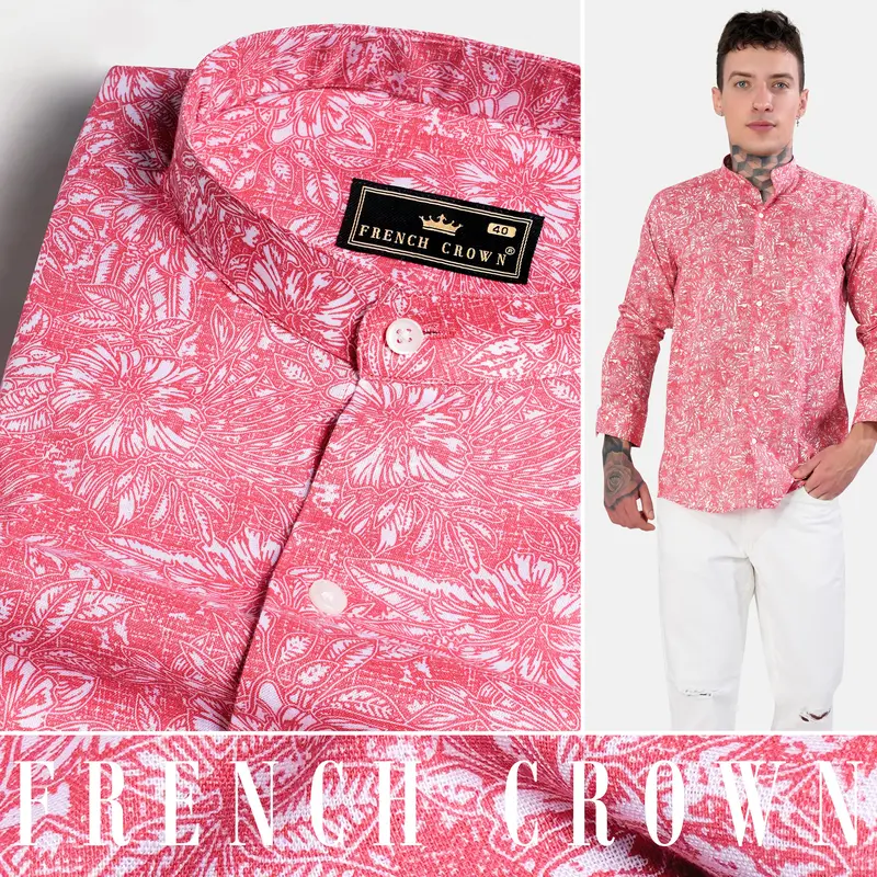 Brink Pink And White Floral Printed Luxurious Linen Shirt 4