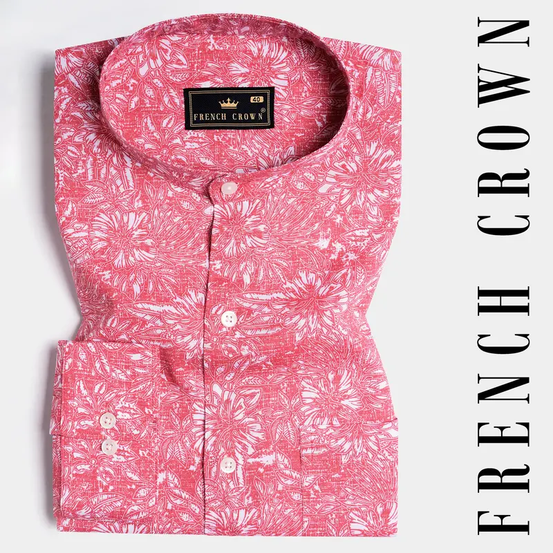 Brink Pink And White Floral Printed Luxurious Linen Shirt 7
