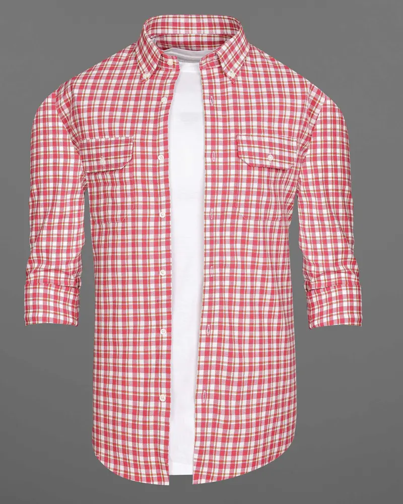Brink Pink And White Plaid Twill Premium Cotton Overshirt/Shacket 8