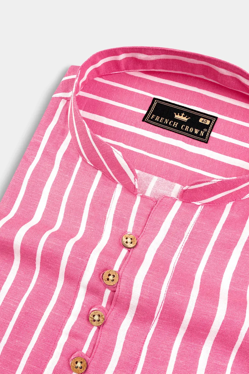 Brink Pink With White Striped Premium Tencel Kurta Shirt 4