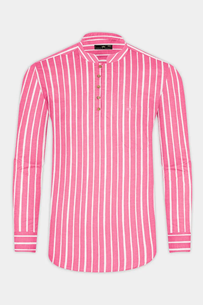 Brink Pink With White Striped Premium Tencel Kurta Shirt 5