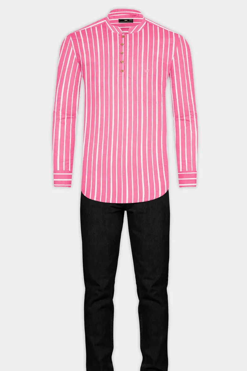 Brink Pink With White Striped Premium Tencel Kurta Shirt 7