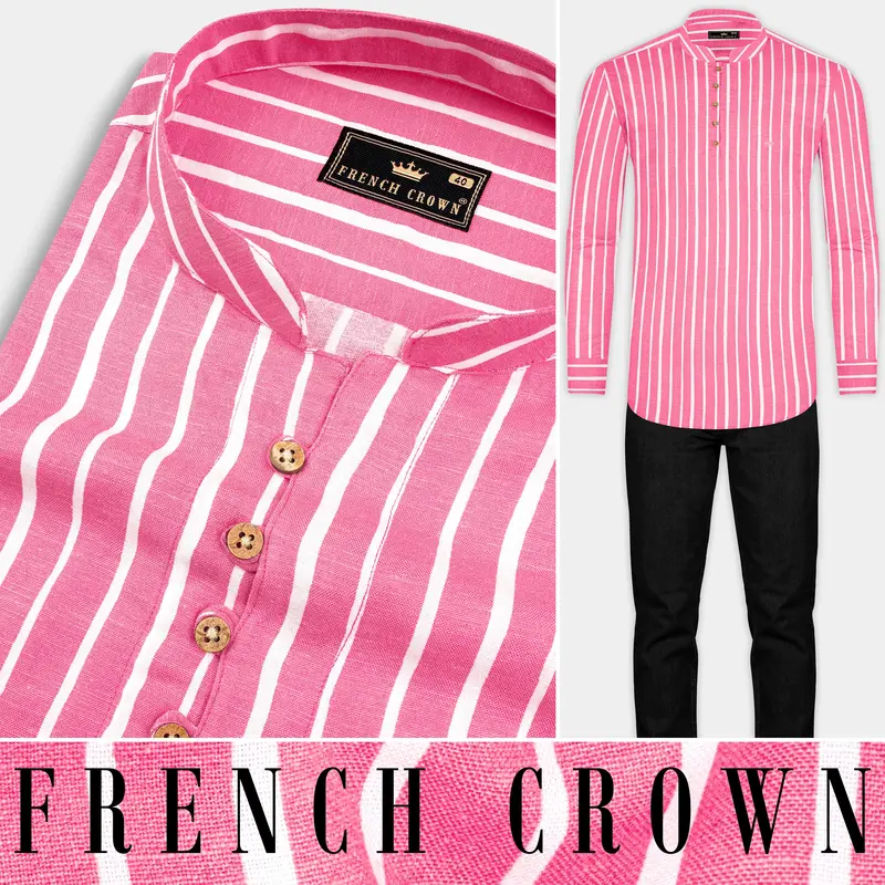 Brink Pink With White Striped Premium Tencel Kurta Shirt 9