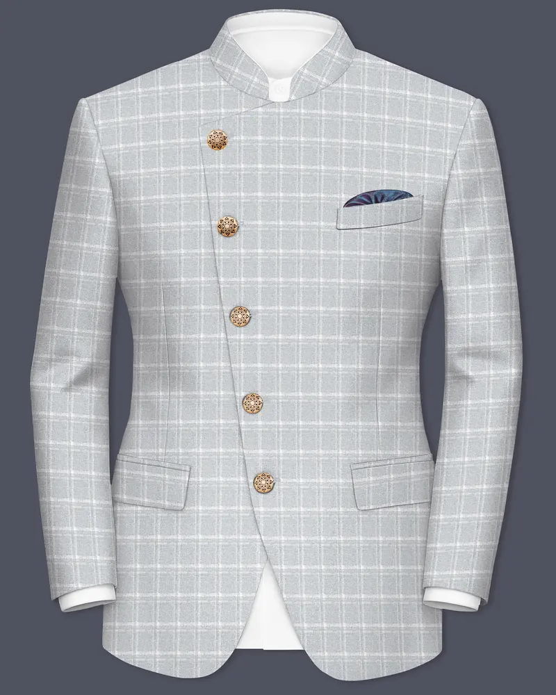 Bronco Light Gray Plaid Cross Placket Bandhgala Blazer 1