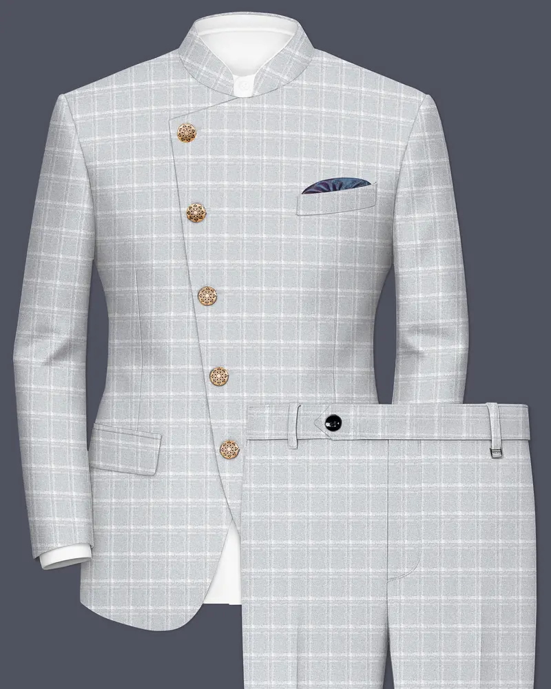 Bronco Light Gray Plaid Cross Placket Bandhgala Suit 1