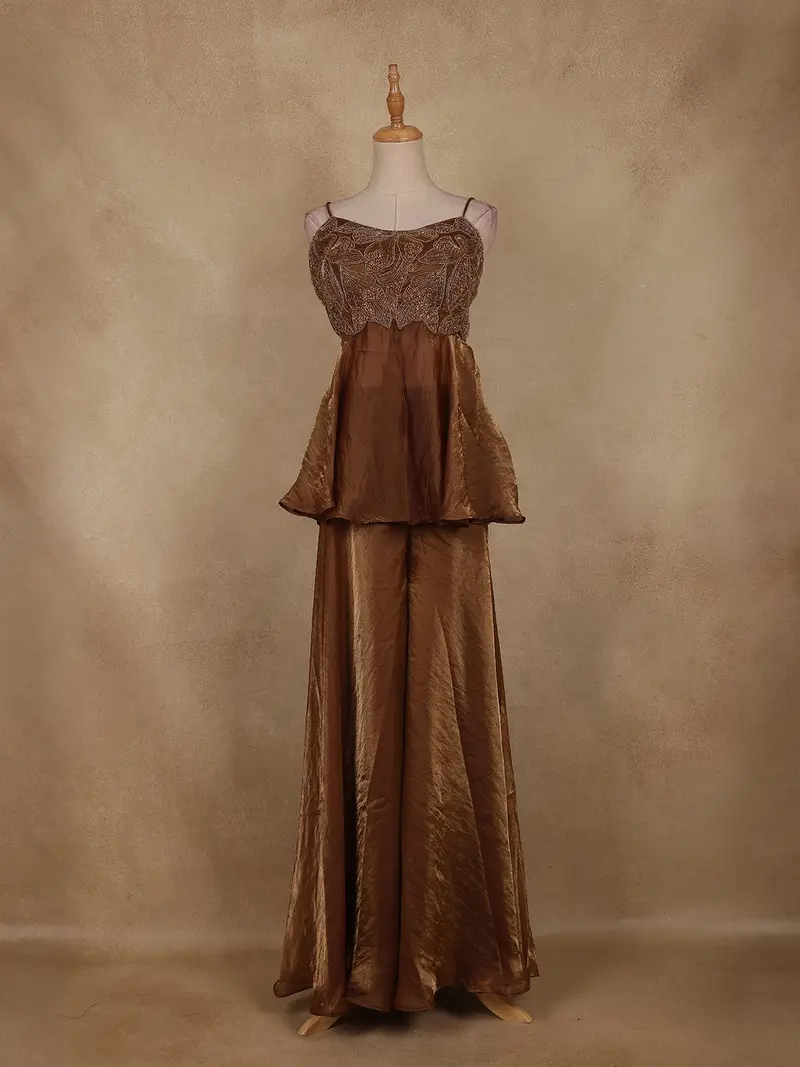 Bronze Brown Beaded Embroidered Space Silk Palazzo Suit 1