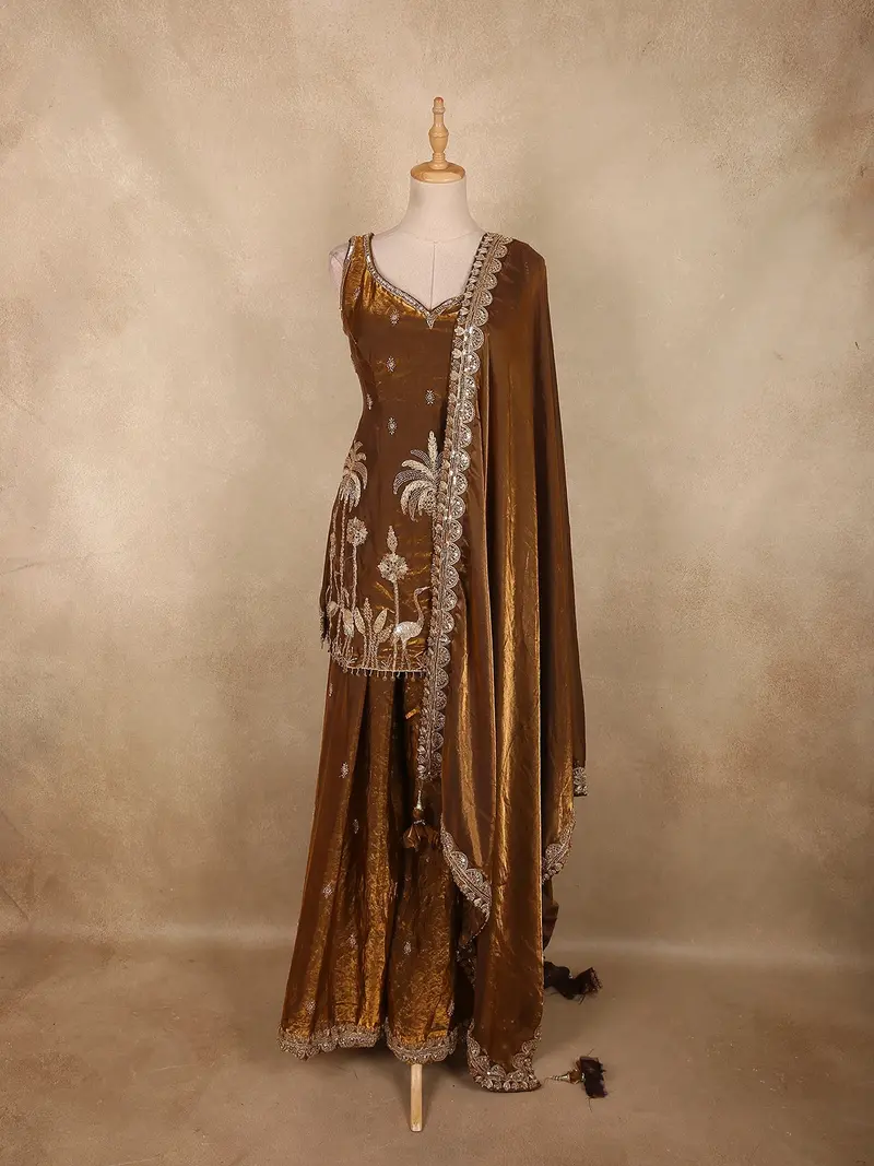 Bronze Brown Floral And Palm Tree Embroidered Design Organza Palazzo Suit With Dupatta 1