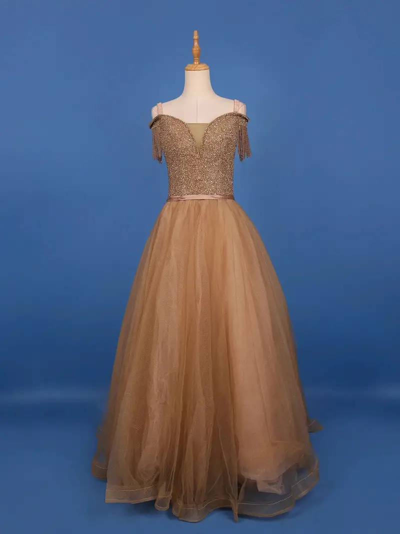 Bronze Crystals And Sequins Embroidered Net Gown 1