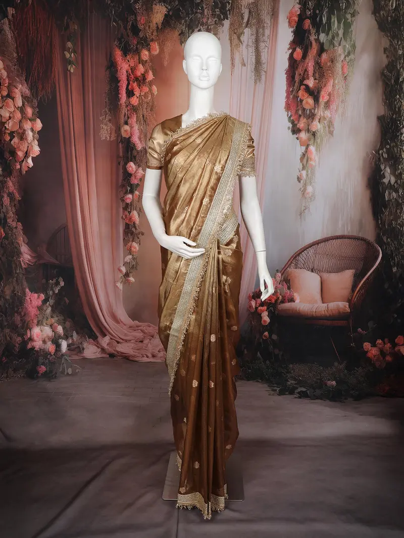 Bronze Floral Butta Design Tissue Saree With Designer Lace Border 1
