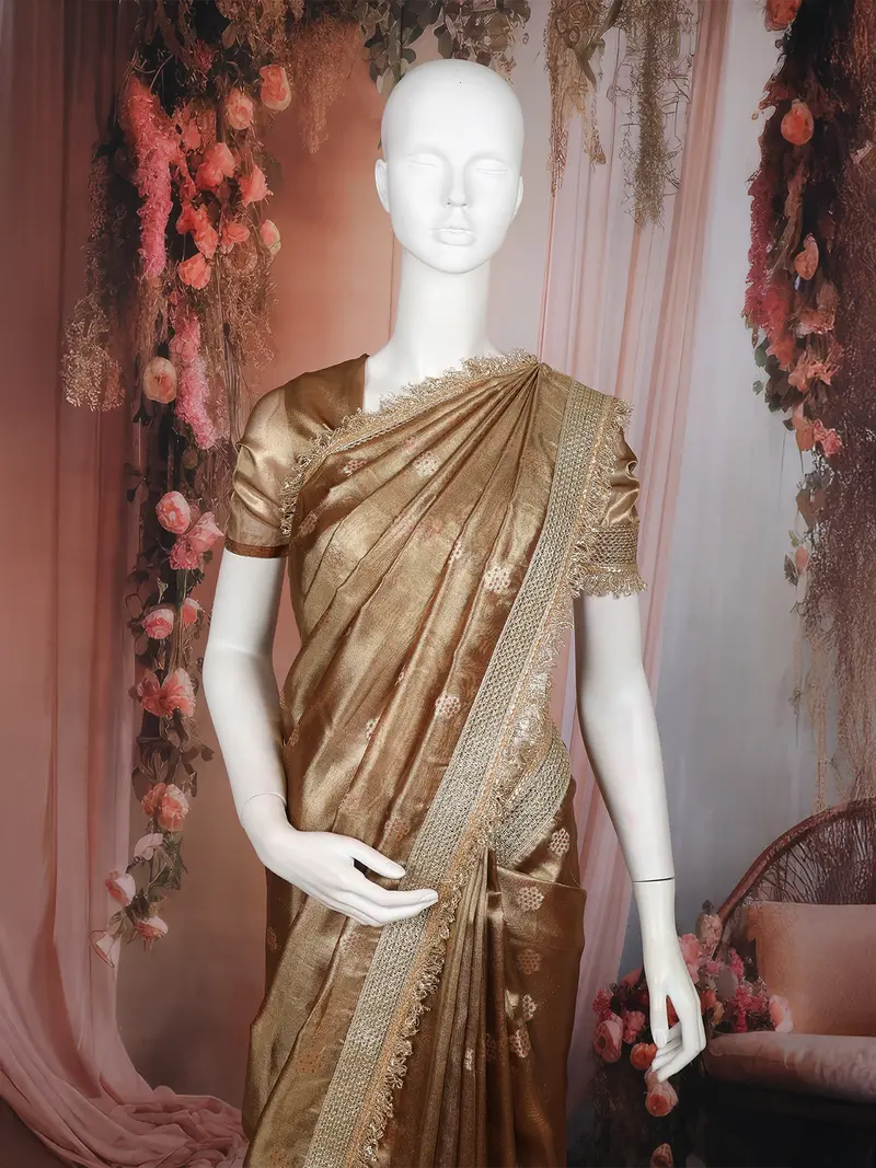 Bronze Floral Butta Design Tissue Saree With Designer Lace Border 2