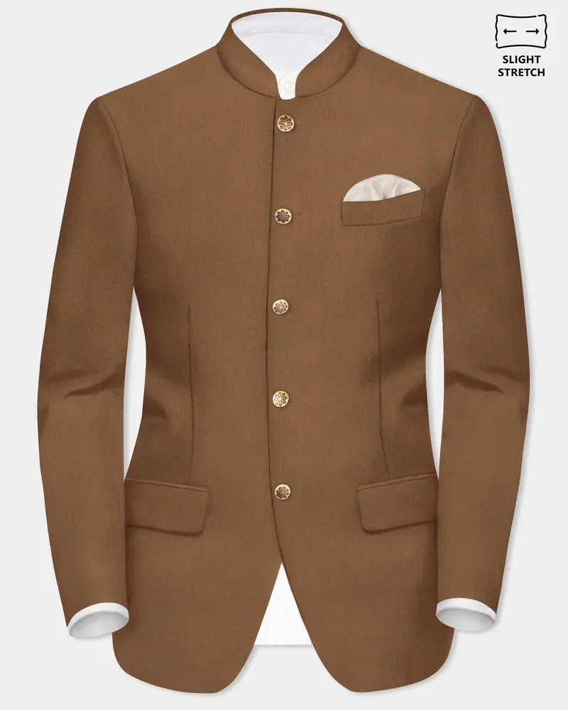 Bronze-Tawny Brown Solid Wool Rich Bandhgala Slight Stretch Blazer 1