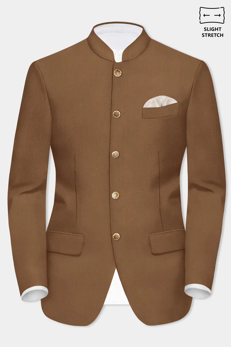 Bronze-Tawny Brown Solid Wool Rich Bandhgala Slight Stretch Blazer 2