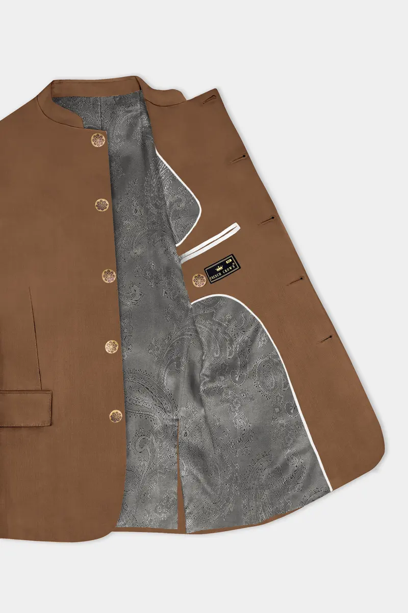 Bronze-Tawny Brown Solid Wool Rich Bandhgala Slight Stretch Blazer 4