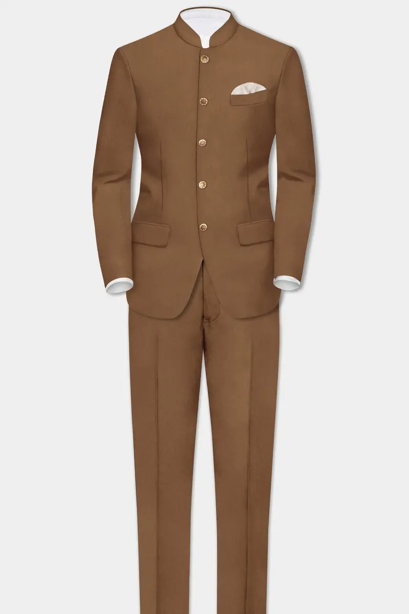 Bronze-Tawny Brown Solid Wool Rich Bandhgala Slight Stretch Blazer 8