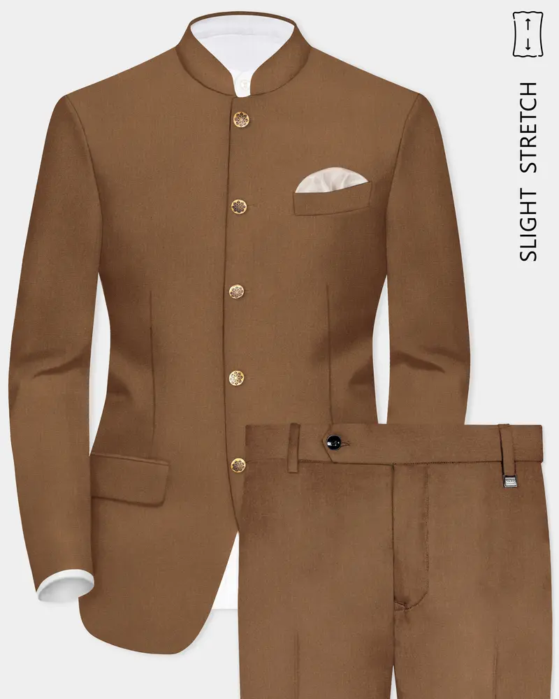 Bronze-Tawny Brown Solid Wool Rich Bandhgala Slight Stretch Suit 1