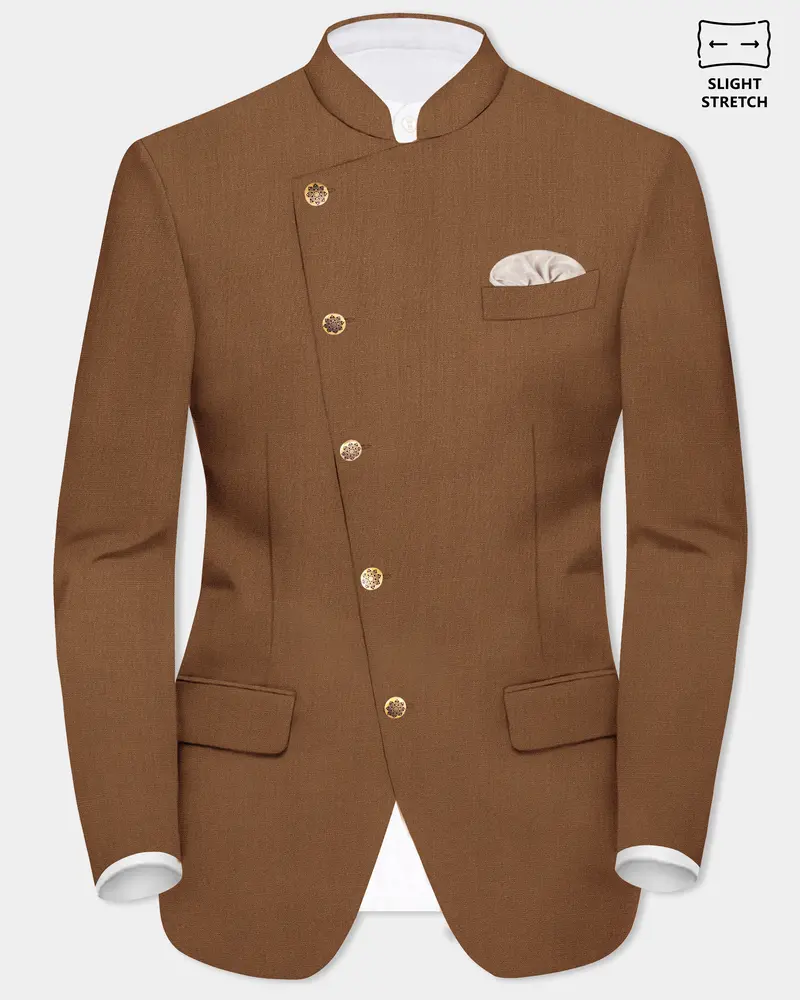 Bronze-Tawny Brown Solid Wool Rich Cross Placket Bandhgala Slight Stretch Blazer 1