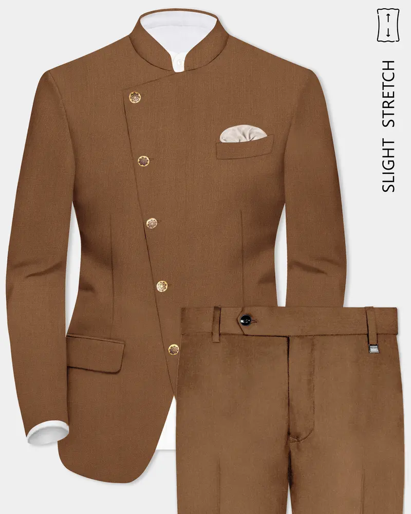 Bronze-Tawny Brown Solid Wool Rich Cross Placket Bandhgala Slight Stretch Suit 1