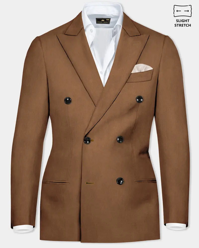 Bronze-Tawny Brown Solid Wool Rich Double Breasted Slight Stretch Blazer 1