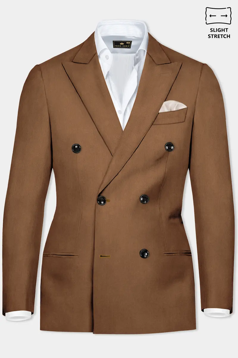 Bronze-Tawny Brown Solid Wool Rich Double Breasted Slight Stretch Blazer 2