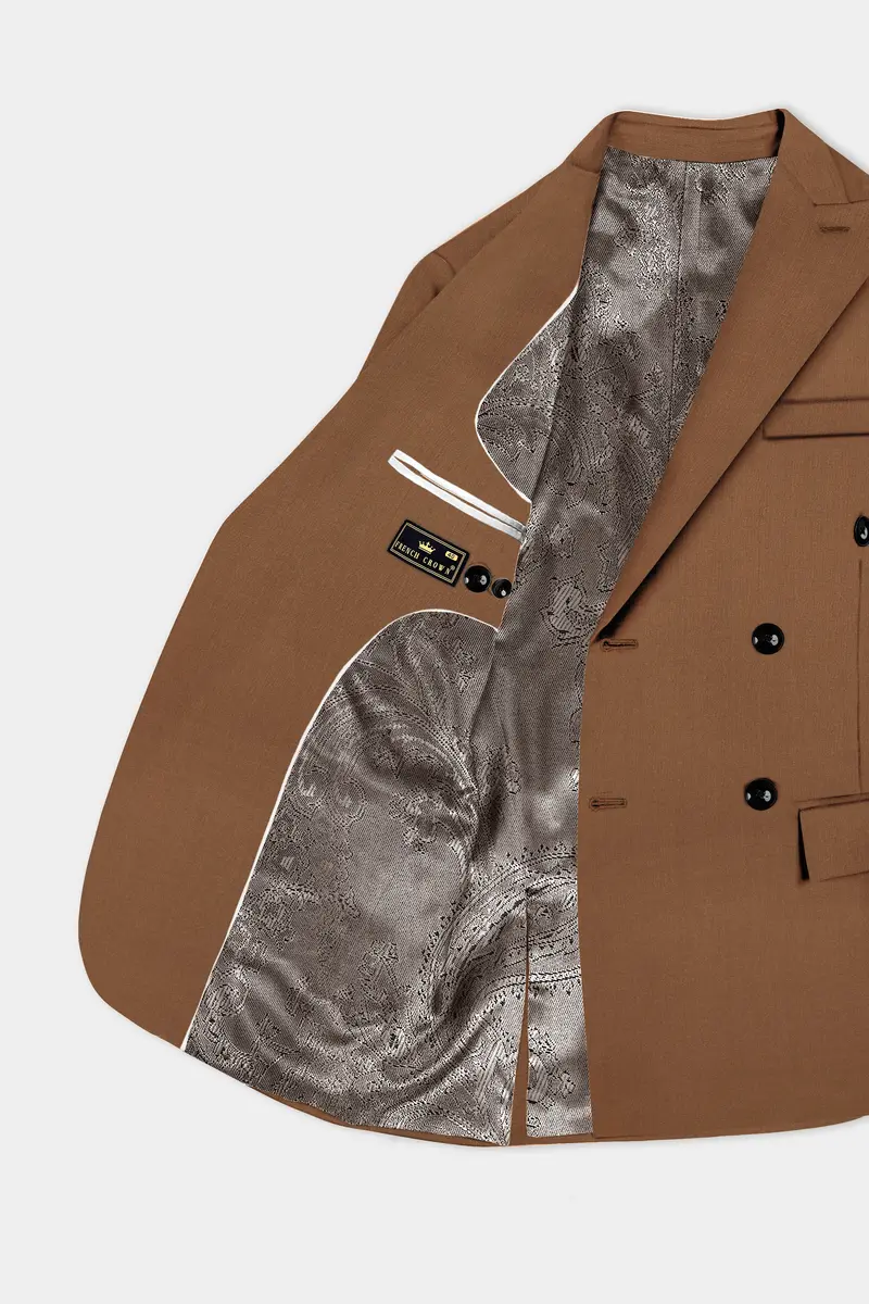 Bronze-Tawny Brown Solid Wool Rich Double Breasted Slight Stretch Blazer 4
